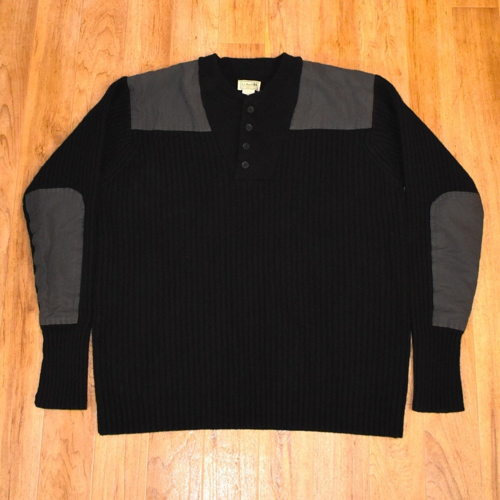 LL Bean Men's Henley Sweater  XXLT Black  Merino Lambswool Patch Commando